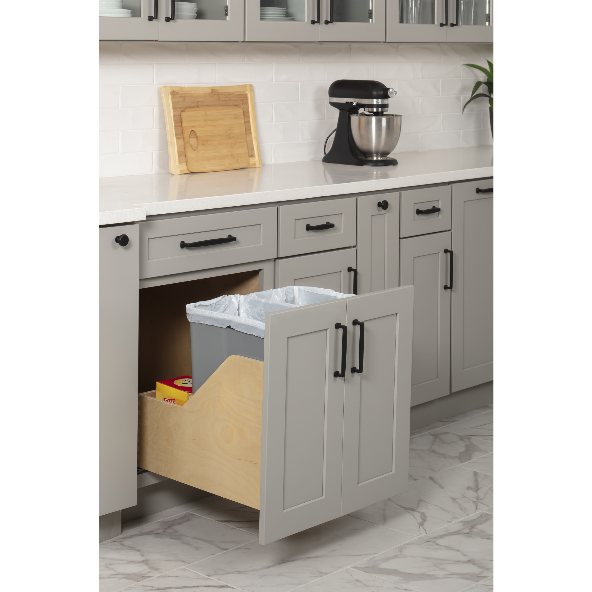 Double 35 Quart Wood Bottom-Mount Soft-close Trashcan Rollout for Door Mounting, Includes Two Grey Cans and Door Joining Bracket