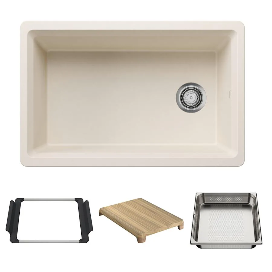 Inteos 30" Undermount Single Basin Granite Composite Kitchen Sink with Colander and Cutting Board