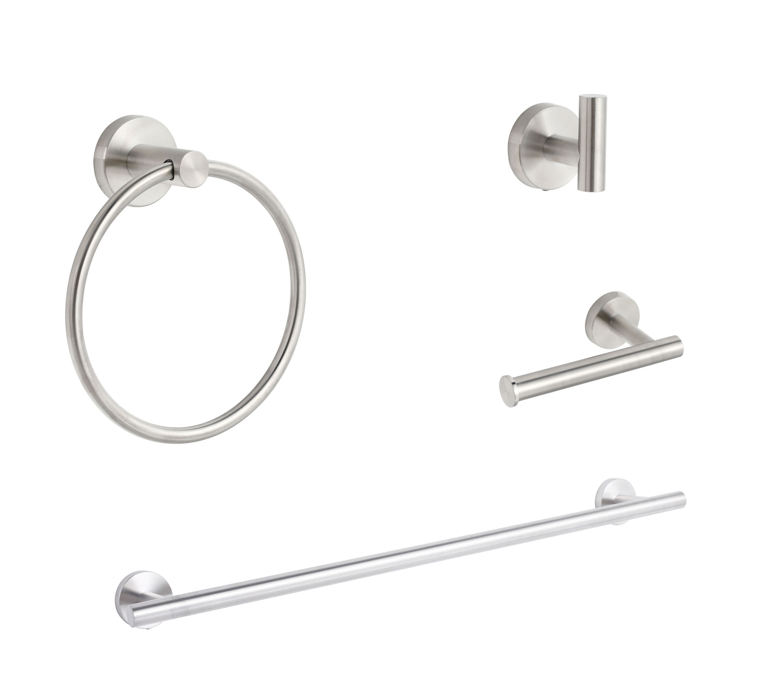 Elizabeth 4-Piece Bath Hardware Set with Robe Hook, Towel Ring, Toilet Paper Holder and Towel Bar in Satin Nickel