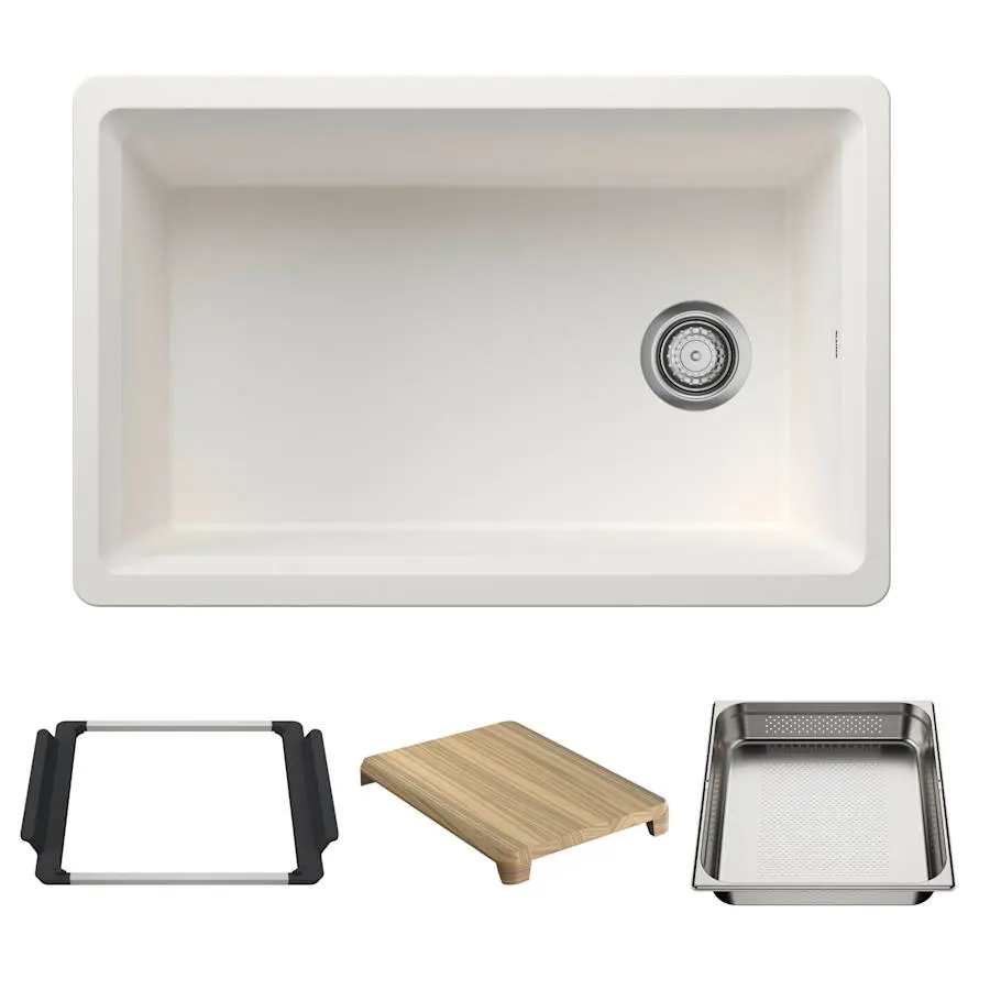 Inteos 30" Undermount Single Basin Granite Composite Kitchen Sink with Colander and Cutting Board