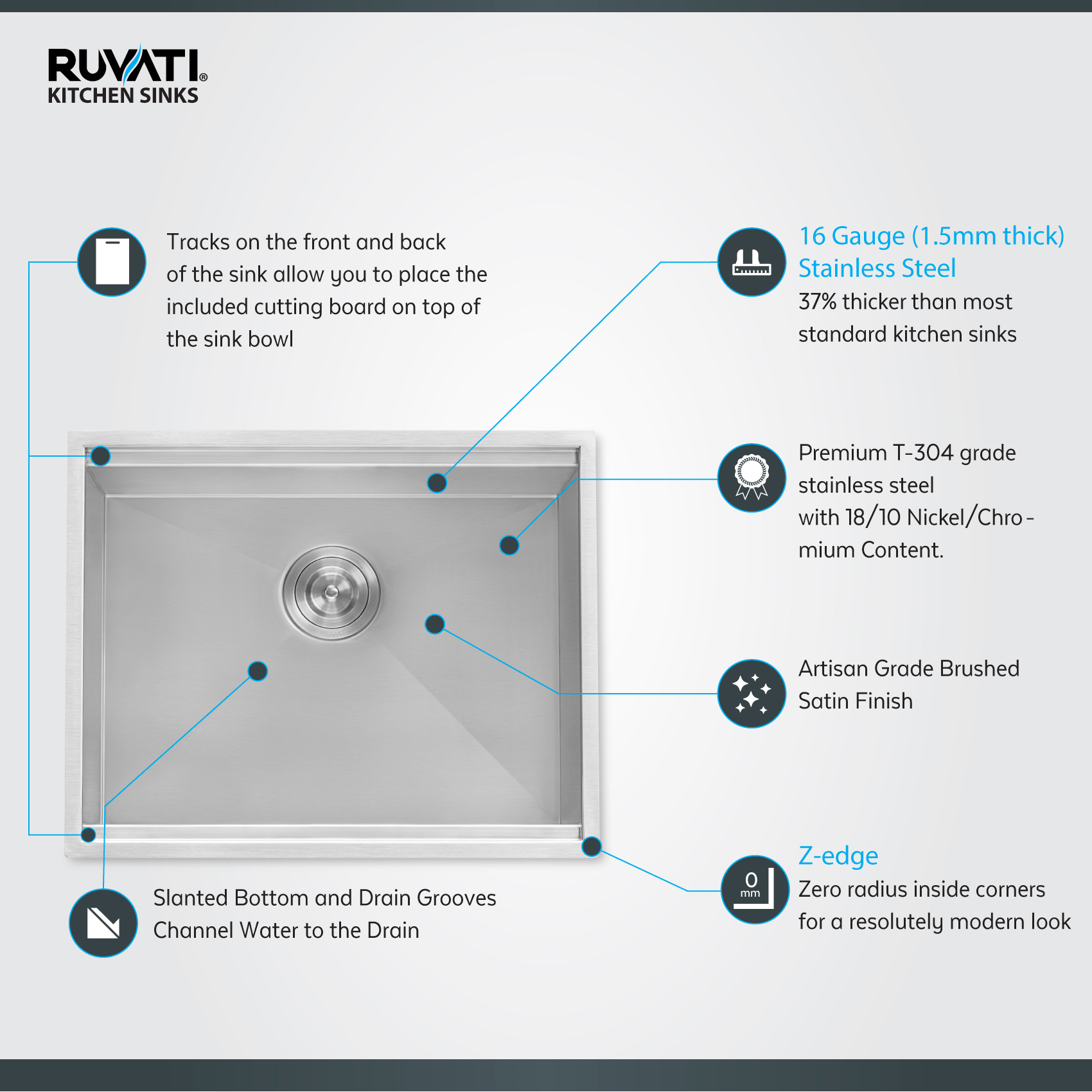 Ruvati 23" Workstation Ledge Bar Prep Kitchen Sink Undermount 16 Gauge Stainless Steel Single Bowl