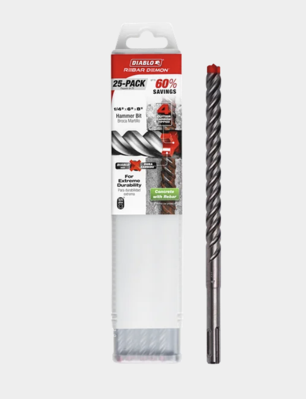 1/2" x 6" x 8" Rebar Demon™ SDS-Plus 4-Cutter Full Carbide Head Hammer Drill Bit (25-pk)