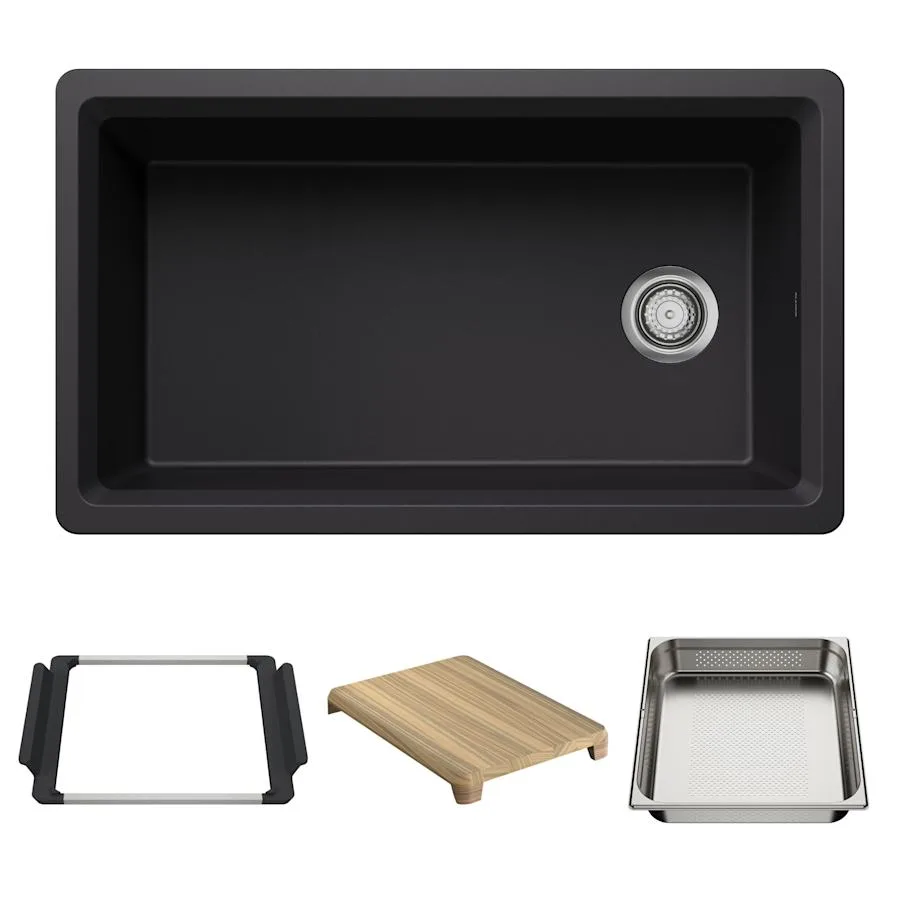 Inteos 33" Undermount Single Basin Granite Composite Kitchen Sink with Colander and Cutting Board
