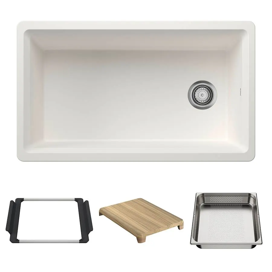 Inteos 33" Undermount Single Basin Granite Composite Kitchen Sink with Colander and Cutting Board