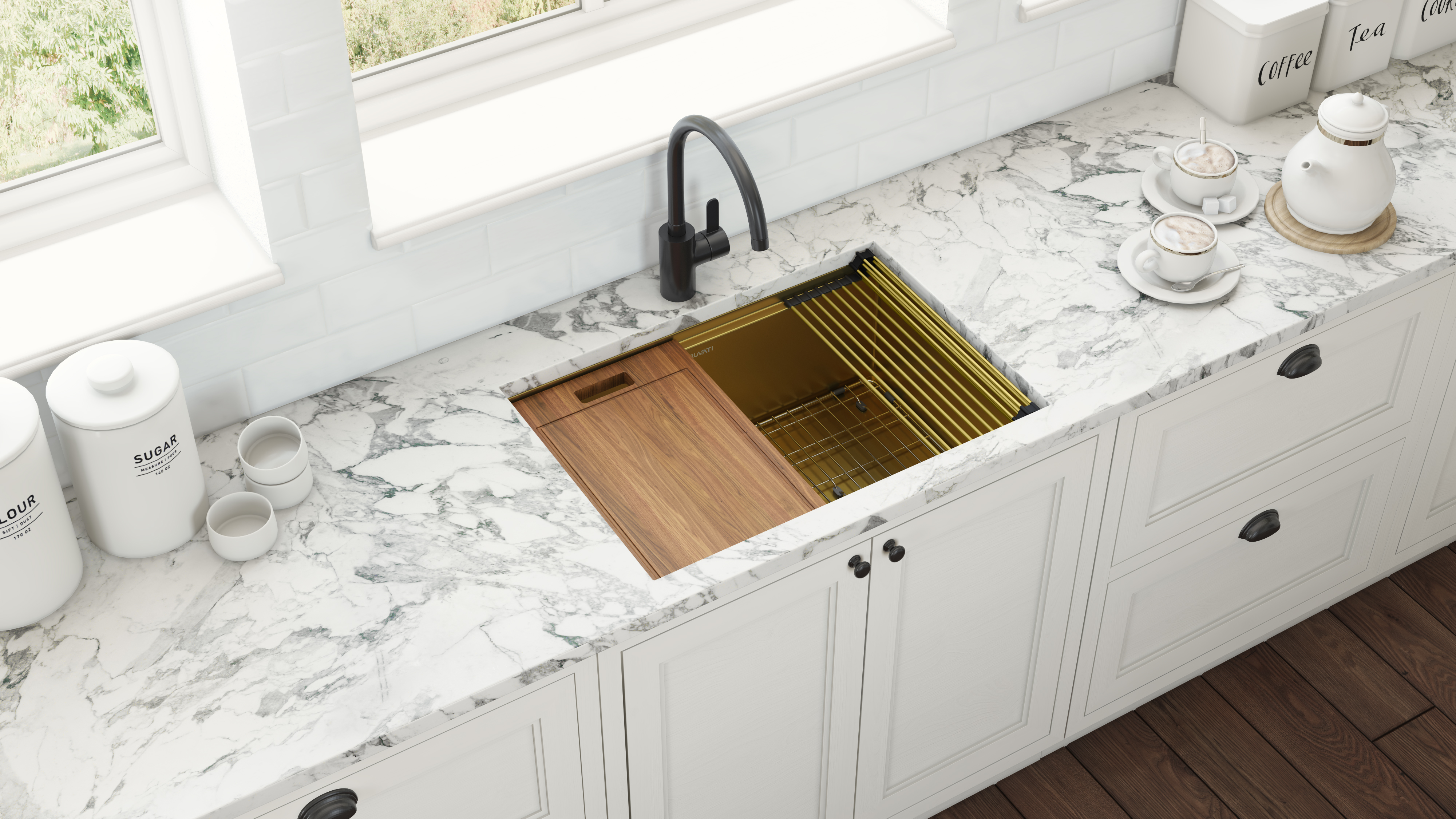 Ruvati 27 inch Polished Brass Matte Gold Workstation Undermount Kitchen Sink Single Bowl