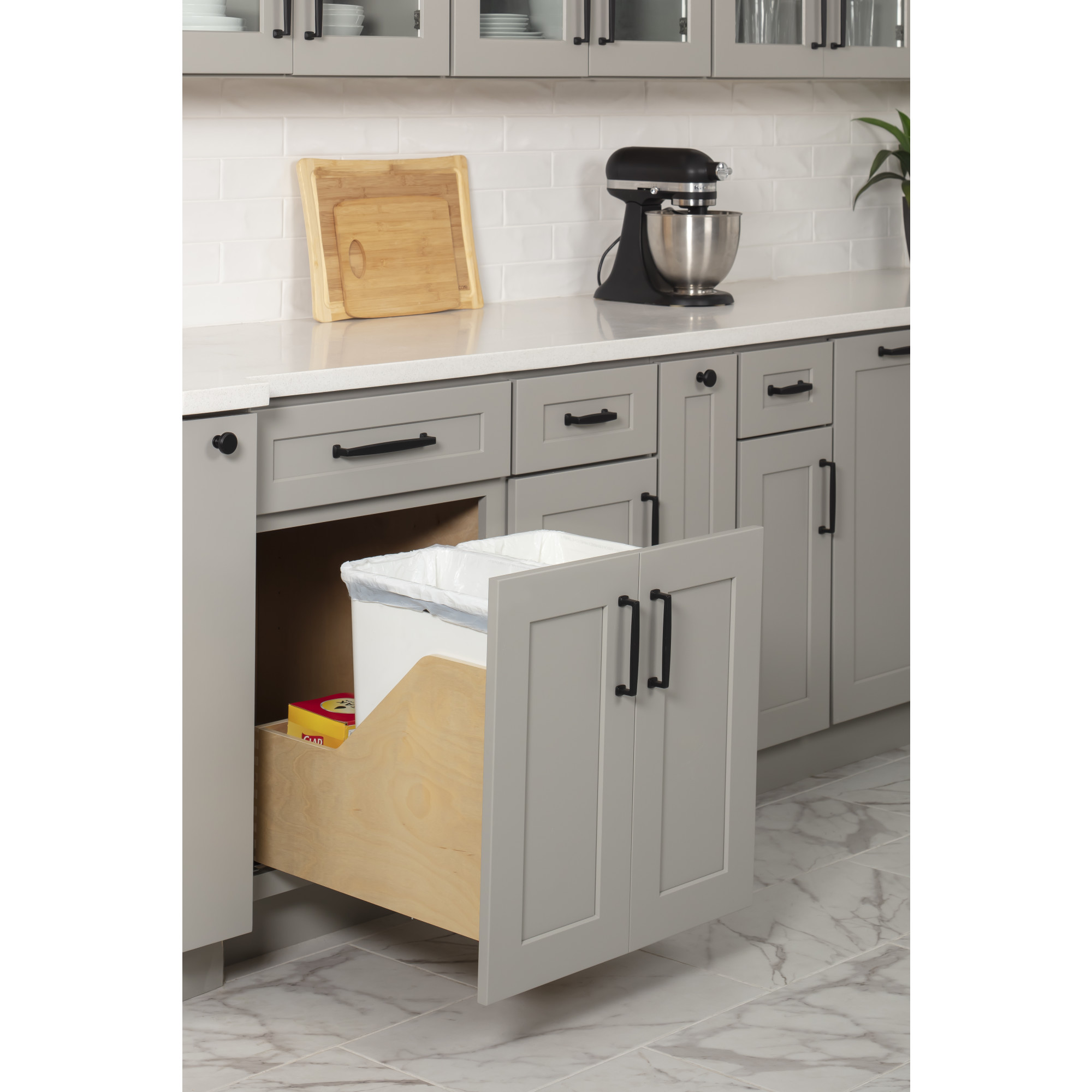 Double 35 Quart Wood Bottom-Mount Soft-close Trashcan Rollout for Door Mounting, Includes Two White Cans and Door Joining Bracket