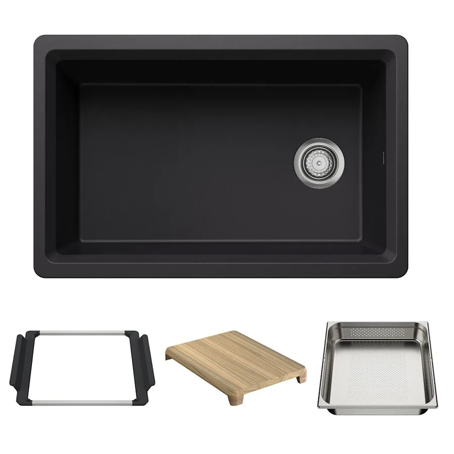 Inteos 30" Undermount Single Basin Granite Composite Kitchen Sink with Colander and Cutting Board